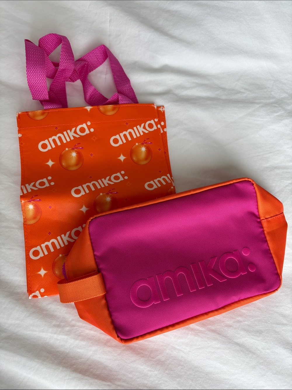 AMIKA: Pink and Orange Travel Mini Tote & Cosmetic Pouch Set NWOT